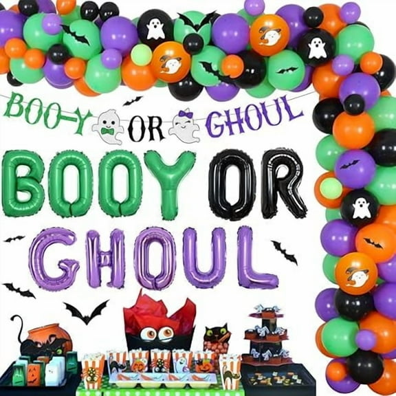 Halloween Gender Reveal Party Decorations, Booy or Ghoul Banner, Ghost Balloons, 3D Bat Wall Stickers, Green Purple Halloween Balloon Garland Kit for Halloween Baby Shower Decorations