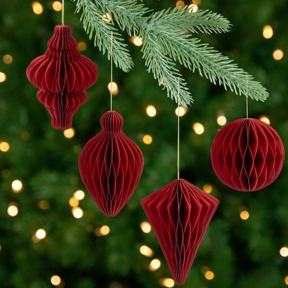 Northlight Foldable Honeycomb Paper Christmas Finial Ornaments - 4" - Red - Set of 4