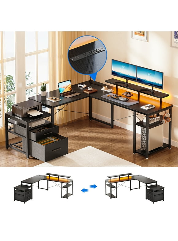 L Shaped Gaming Desk with Drawers, 59" Reversible Computer Desk with File Drawer, Corner Computer Desk with Storage Shelves & Monitor Stand, Home Office Desk Workstation, Black