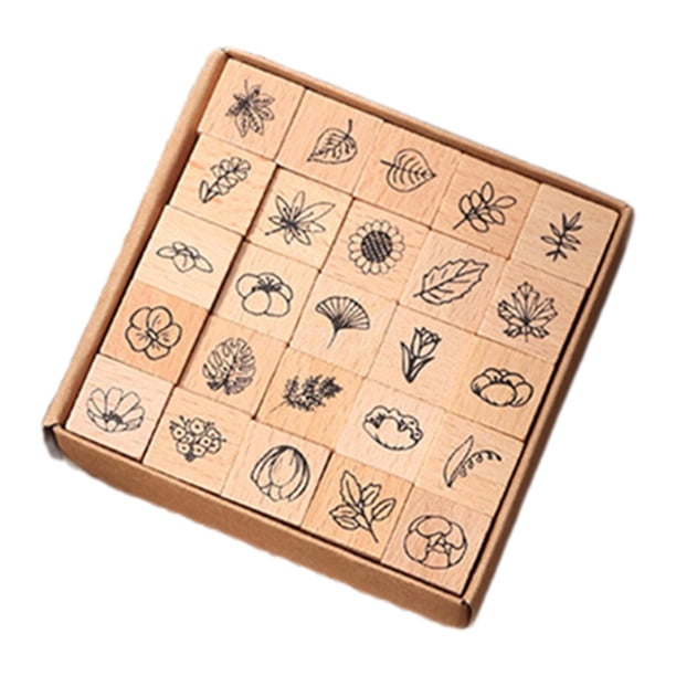 25 mini sellos de madera para manualidades con estuche de almacenamiento. Plantas