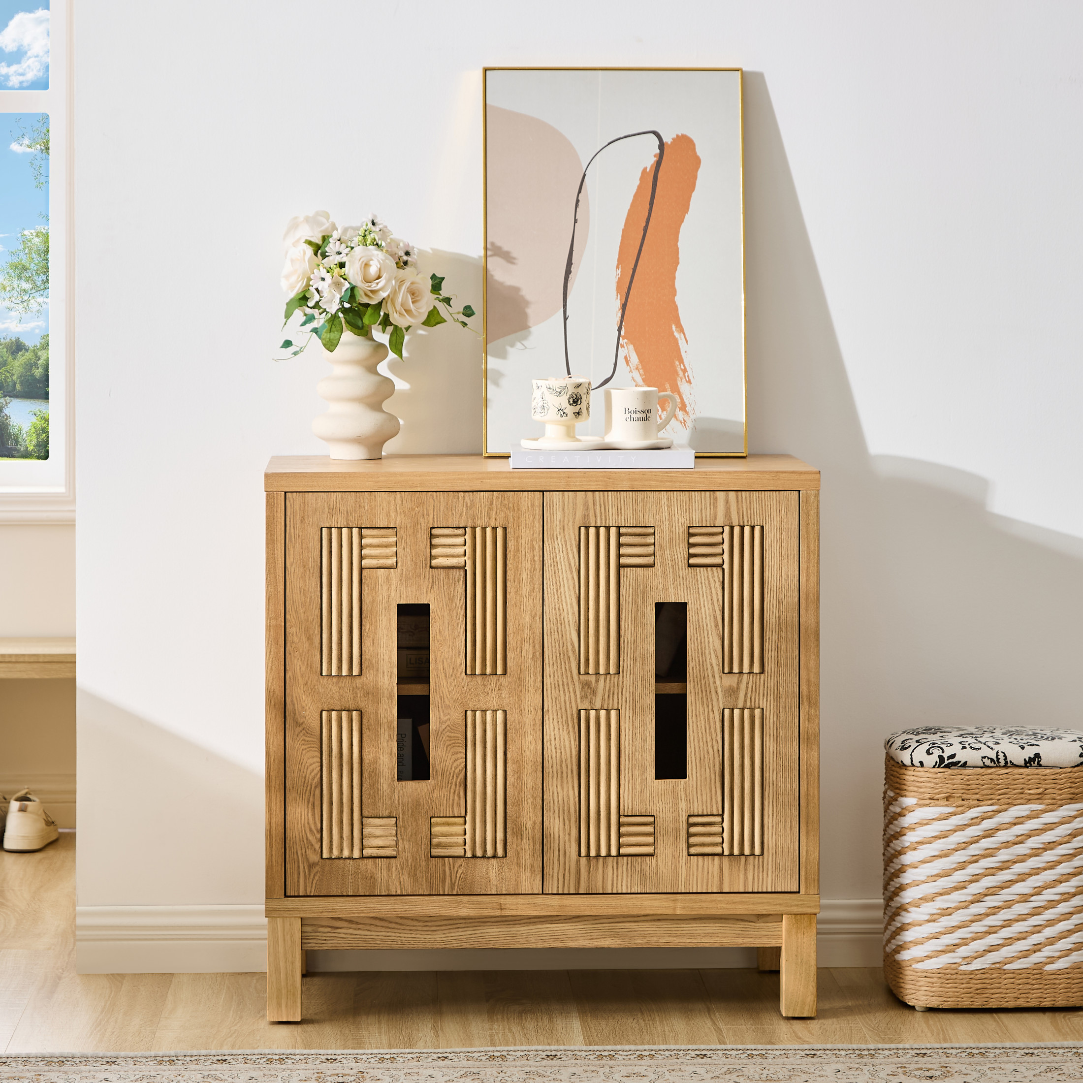 GDF Studio 31.5" Mid Century Modern Sideboard Cabinet with 2 Doors, Adjustable Shelf, Carved Openwork, Natural