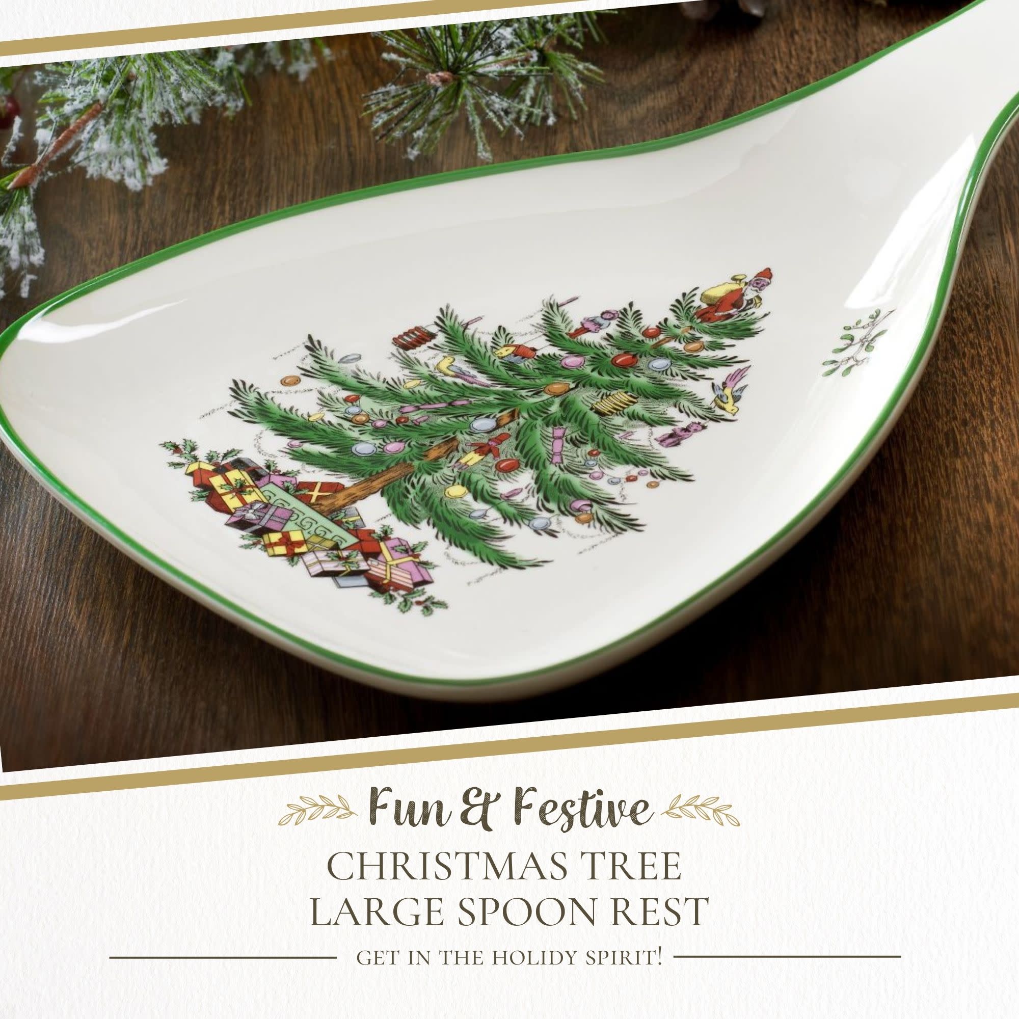 Spode Christmas Tree 13" Large Spoon Rest, Porcelain, Long Handle for Kitchen Utensils - Mess-Free Cooking, Holiday Spoon Rest for Kitchen Counter & Stovetop - For Spatula, Spoon, Tongs