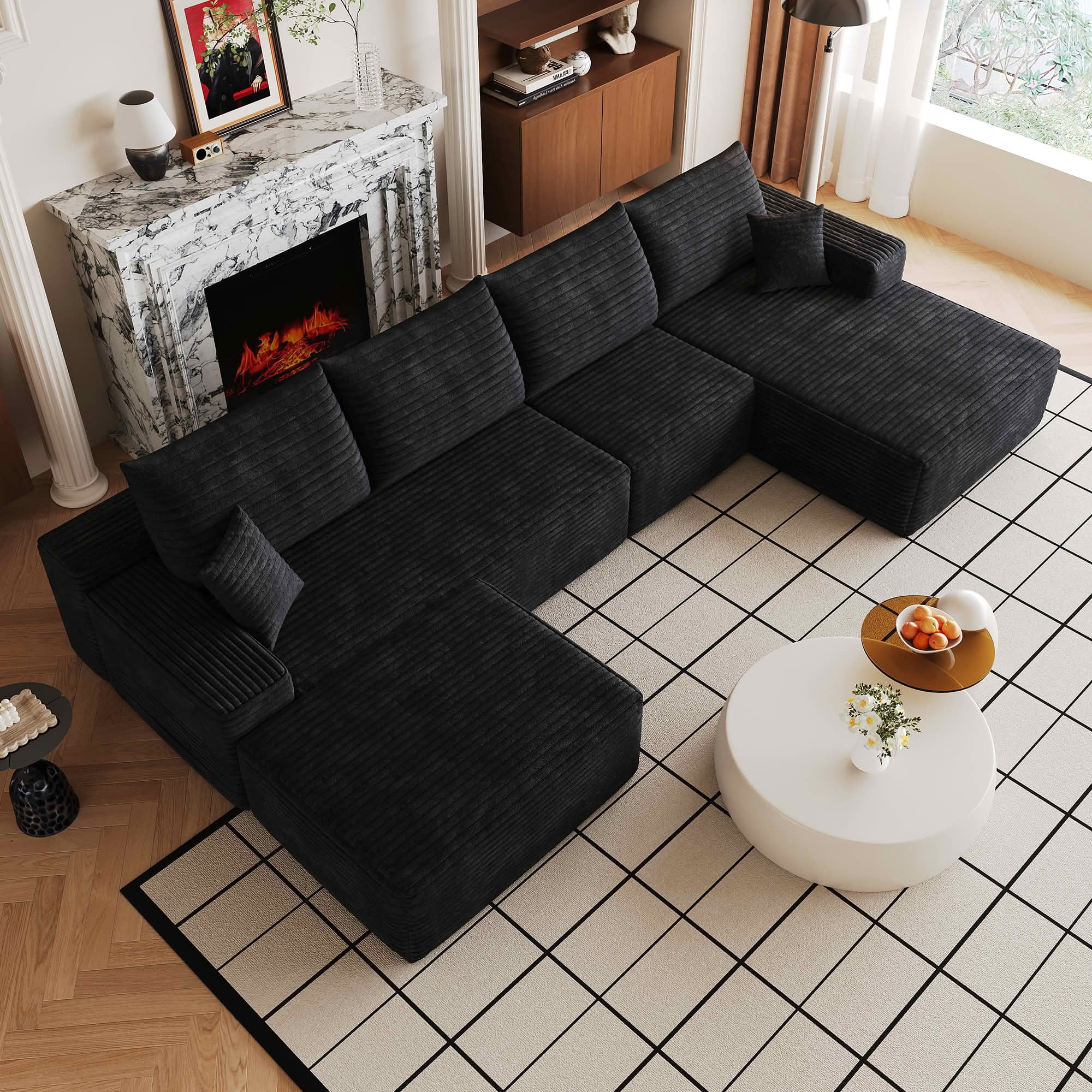MAYEERTY 135-Inch Black Plush Corduroy 5-Seat U-Shaped Cloud Modular Sectional Sofa, Deep Seat Corner Couch with Ottoman No Assembly Required