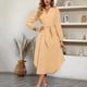 thumbnail image 5 of Vestido midi de rayas con escote en V para mujer, manga larga, holgado, informal, con lazo en la cintura, vestidos camiseros largos, 5 of 6