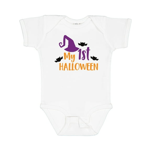Inktastic My First Halloween, Witch Hat, Bats - Purple Black Boys or Girls Baby Bodysuit