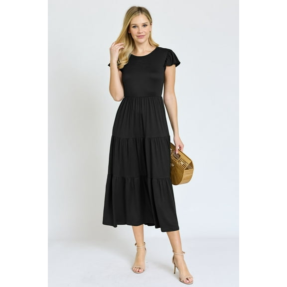 Solid Flutter Sleeve Tiered Tea Length Dress | 4 Colors | S-3X