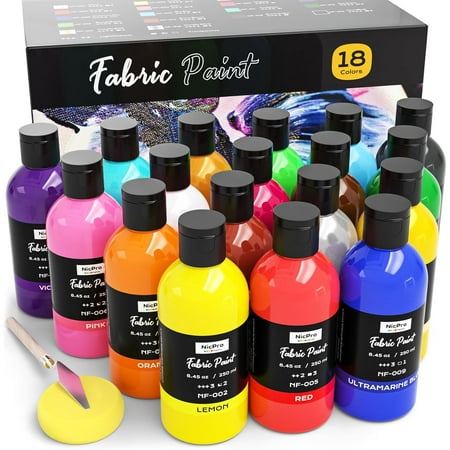 18 Colors Permanent Fabric Paint (8.45 Oz, 250 Ml) for Clothes, Non-Toxic Textile Paint for Fabric DIY Crafts, T-shirts, Shoes, Jeans, Bags, Canvas for Kids and Adults with Color Wheel