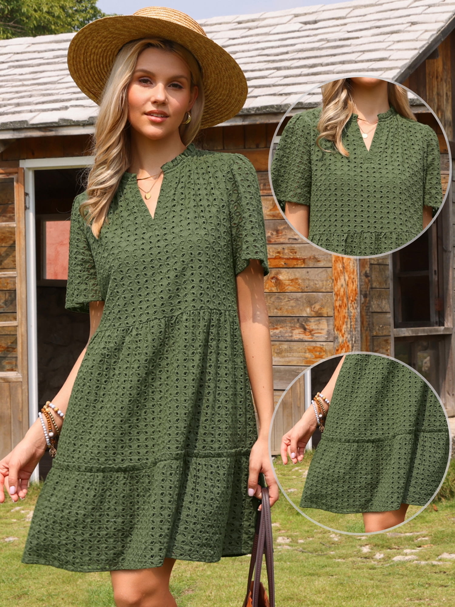 DARING DIVA Women's Eyelet Short Sleeve V Neck Hollow Out Mini Dresses M Army Green