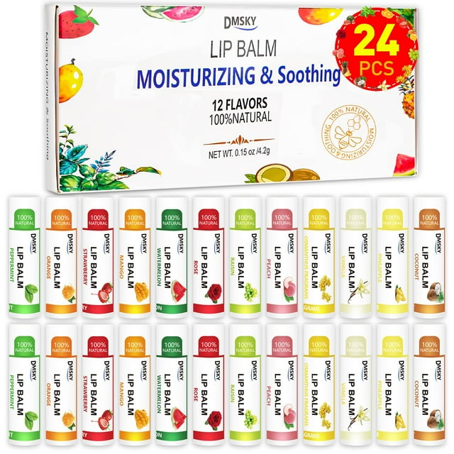 DMSKY Paquete de 24 bálsamo labial natural a granel con vitamina E y aceite de coco bálsamo labial hidratante para labios agrietados bálsamo labial a granel para mujeres-12 sabores