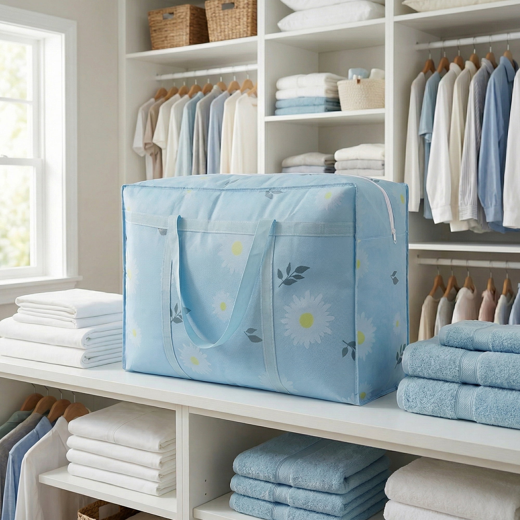 Unique Bargains Foldable Storage Bags for Organizing Livingroom Blue 30.3"x9.8"x21.7"