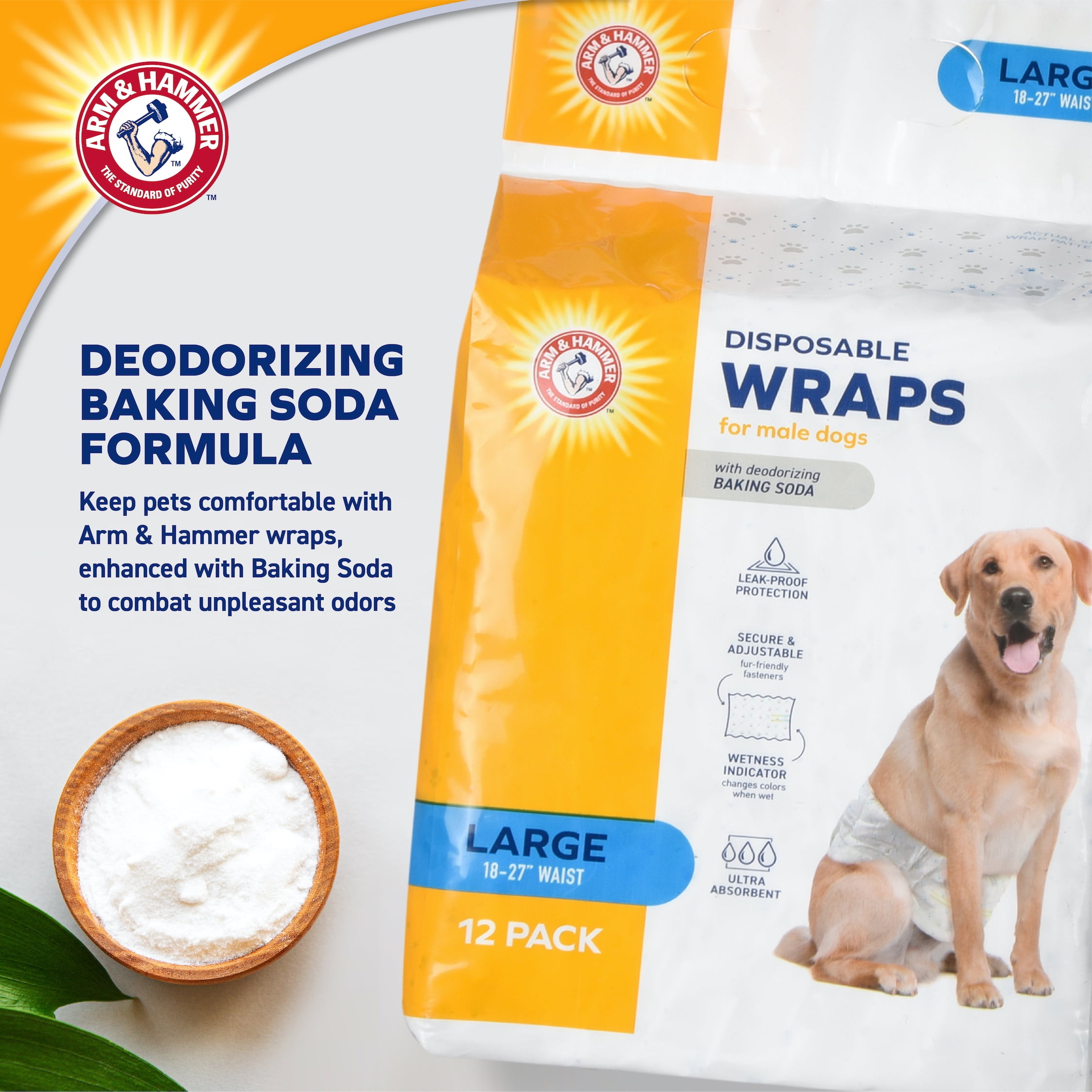 Arm & Hammer Male Dog Wraps, Size Large, 12 Count | Ultra-Absorbent with Leak-Proof Protection