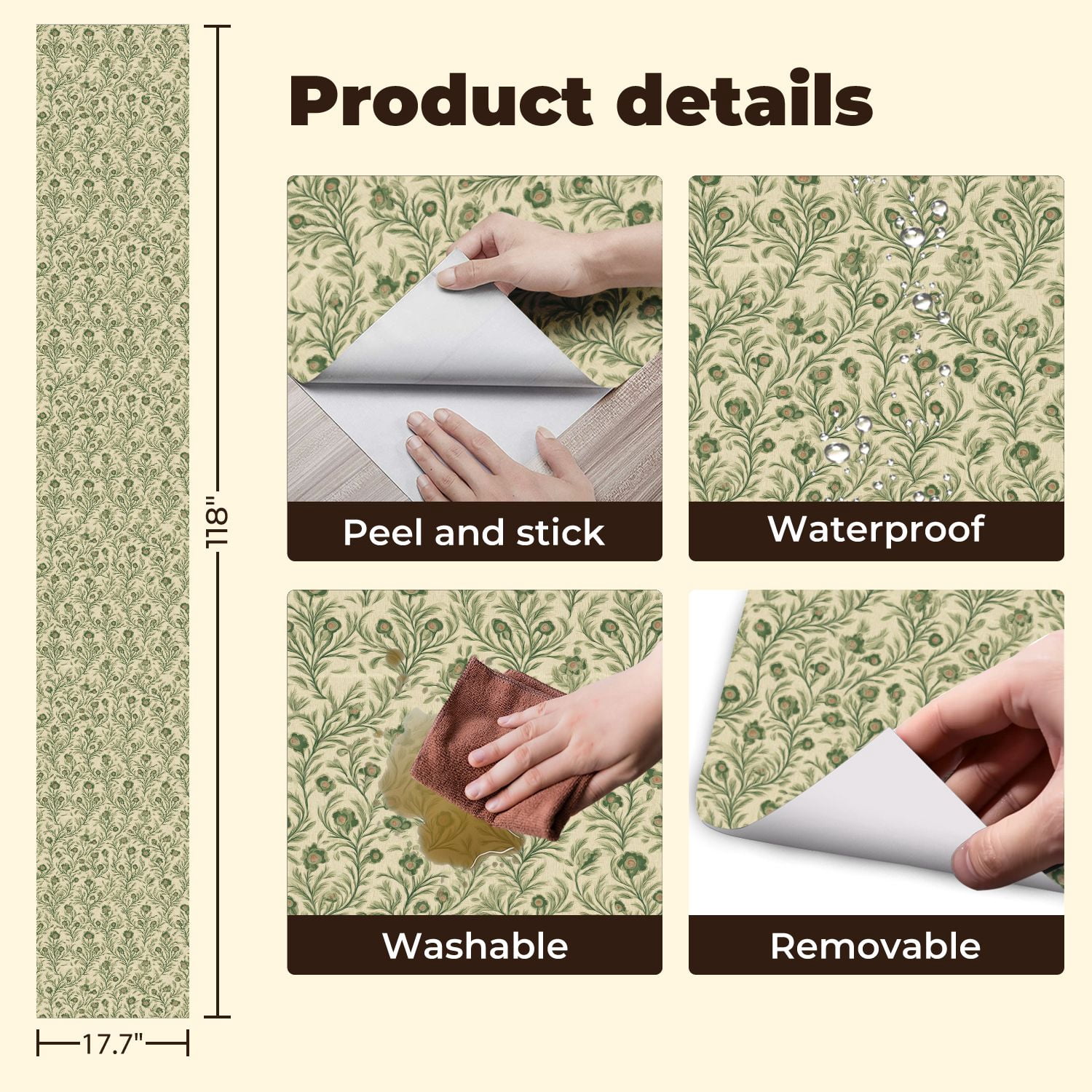 Sage Green Peel and Stick Wallpaper Vintage Floral Green Pink Flowers Beige Wall Mural 17.7in x 9.8ft Self Adhesive Removable Wall Paper Renter Friendly Wallpaper for Girls Bedroom
