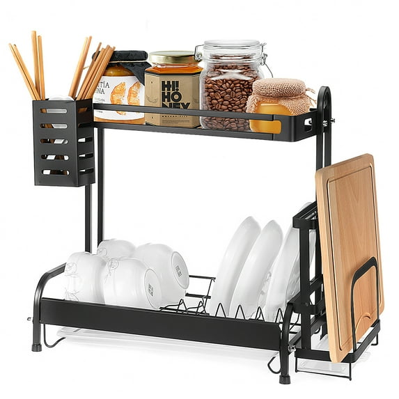 1/2-Tier Over the Sink Dish Drying Rack, Dishes Drainer Shelf with Utensils Holder Washing Drainer Organizer Shelf for Kitchen Dishes Bowls Cup Organizing