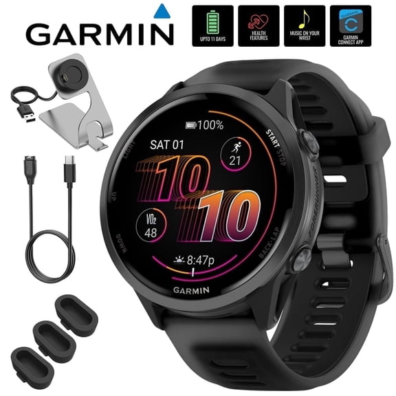 Garmin 010-02971-00 Forerunner 570 - 47mm GPS Smartwatch, Aluminum and Black Band Bundle with Deco Essentials Charging Dock, 3x Silicone Dust Cover and USB Type C Charging and Sync Cable