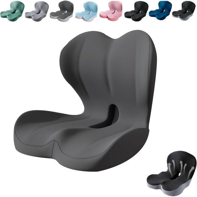 Reenly Coussin de Dossier et d'Assise, Coussins d'Assise Ergonomiques en Mousse Mémoire en Forme de L Intégrés avec Sangle Ajustable, Conception Ultra Respirante Antidérapante pour Chaise de Bureau, Voiture, Fauteuil Roulant (Gris Foncé-B)