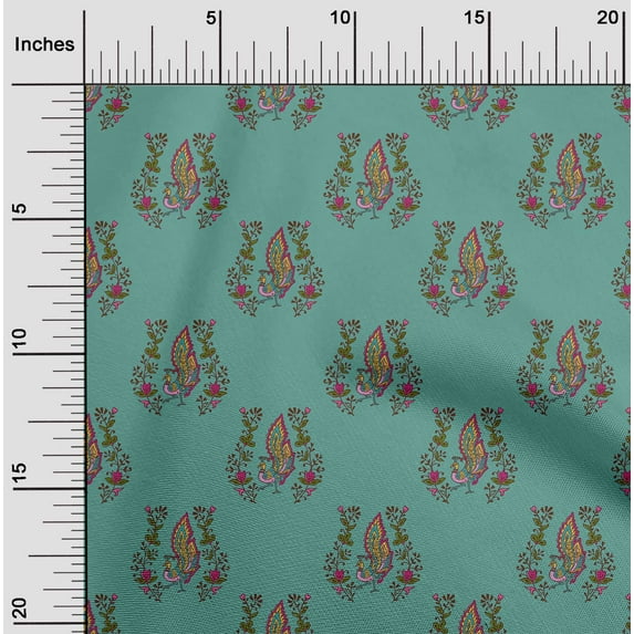 oneOone Viscose Chiffon Fabric Leaves|Floral & Peacock Block Print Fabric By Yard 42 Inch Wide
