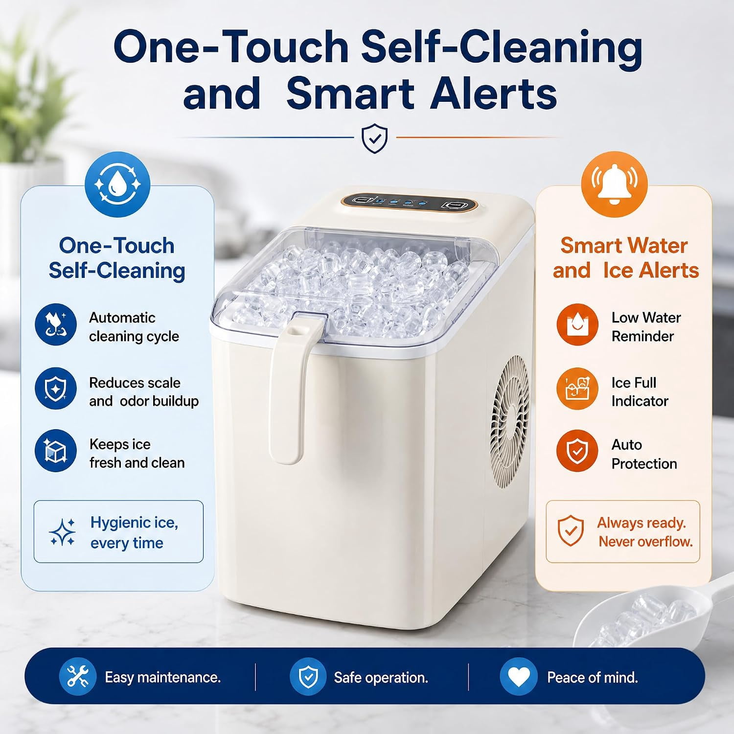Countertop Bullet Ice Maker Machine 33lbs/Day, 6 Mins Fast Ice Production 2 Sizes Small Large Ice Cubes Auto Self Clean for Home Office RV Bar Dorm