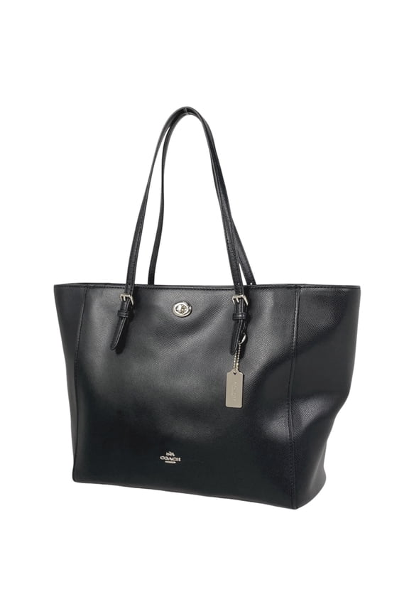 Pre-Owned Coach Logo Turnlock Tote Bag, Leather, Black, 37142, Women's (Fair)