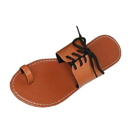 OJSFQUFP Womens Summer Slippers Ladies Fashion Summer Leather Cover Toe Flat Bottom Lace Up Beach Slippers Soft Sole Outdoor Beach Shoes Womens Gift Brown 38