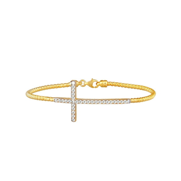 925 Sterling Silver Gold Plated Cubic Zirconia Side Religious Faith Cross Bracelet With Lobster Claw Closure 7 Inch Link
