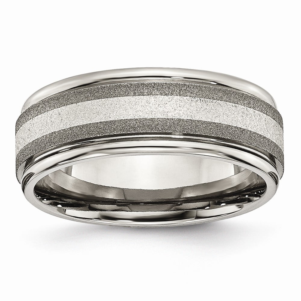 Titanium Polished/Stone Finish Center Grooved Edge Sterling Inlay Band Size 12.5 Length 0 Width 8