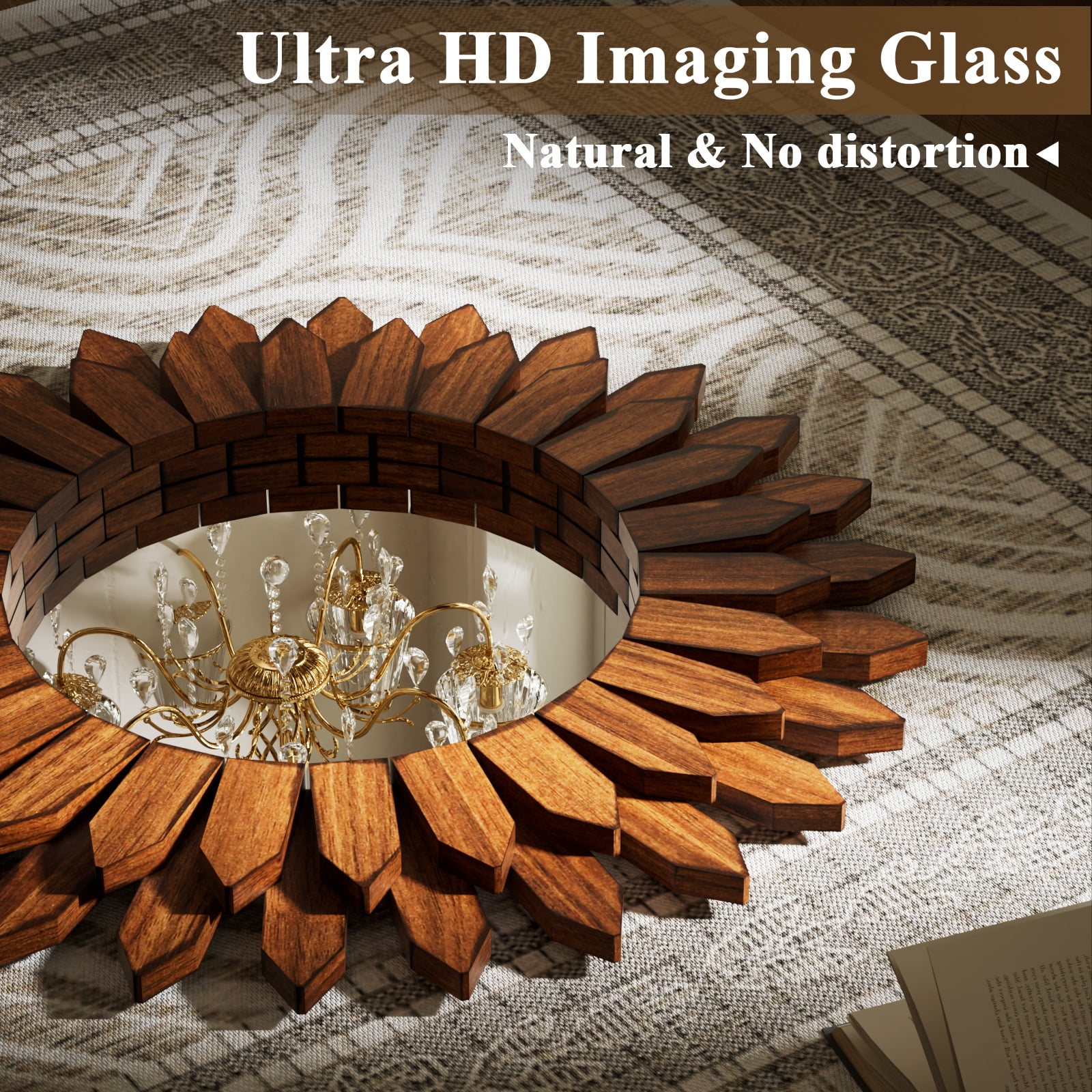 Easy4Home 20" Rustic Wood Mirror Wall Decoration Hanging Round Mirror,Dark Brown