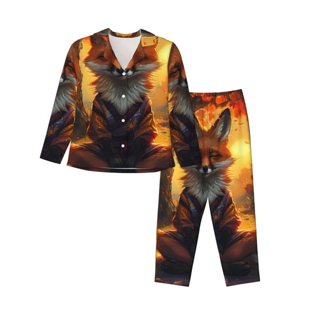 Kdxio Sunset Maple Tree Fox Print Womens Pajamas Set Button Down 2 Piece Pjs Long Sleeve Oversized Sleepwear with Pockets-XX-Large