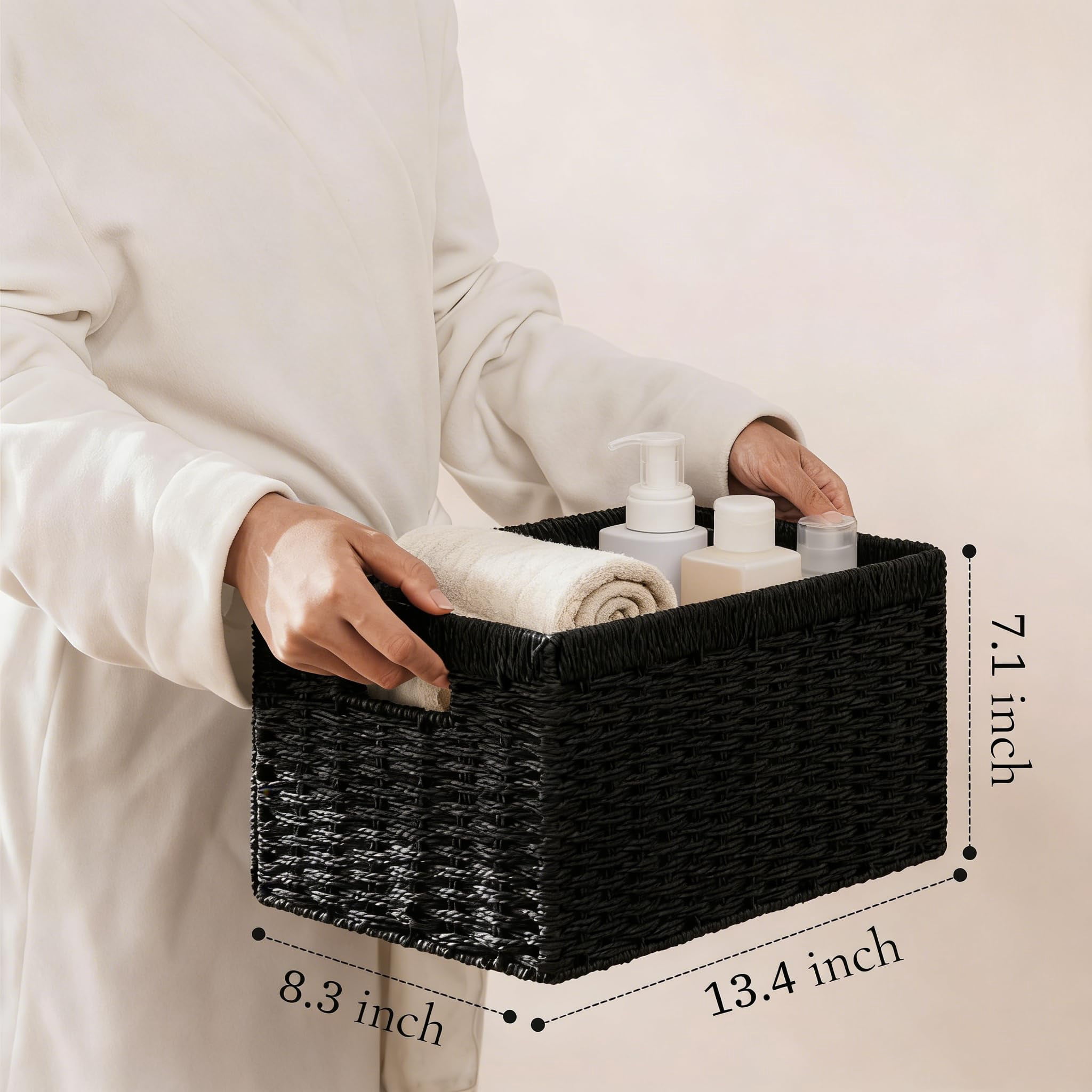 Rectangular Foldable Hand-Woven Storage Baskets Black 4 Pack 13.4l X 8.3w X 7.1h Inch For Pantry Shelves Organization
