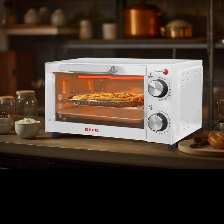 Aiwa 750W White Toaster Oven 4 Slice with Baking Tray Bake Toast Cook and Broil Temperature Control 60 Minute Timer Knob