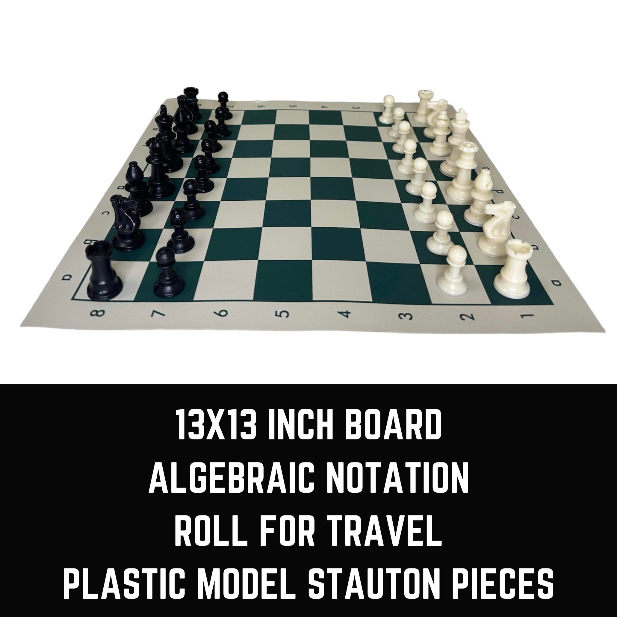 GETORIUM Tournament Chess Set, Portable and Professional Set with Travel Portable Plastic Tube Roll. Plastic Staunton Chess Pieces, Foldable Vinyl Chess Board(13x13 in, Green)