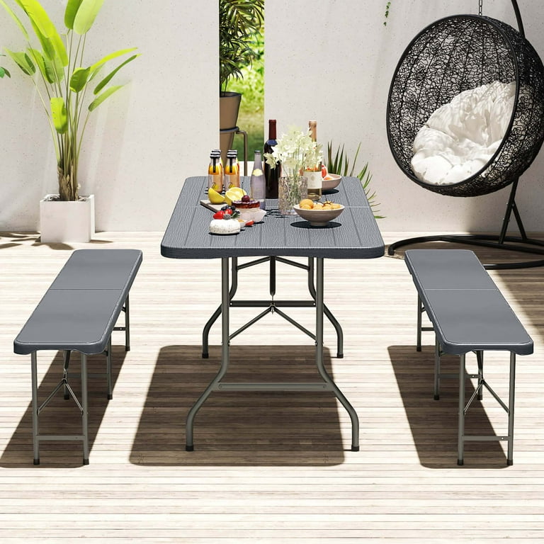 Costway 6 ft Portable Folding Table with Wood Grain HDPE Tabletop