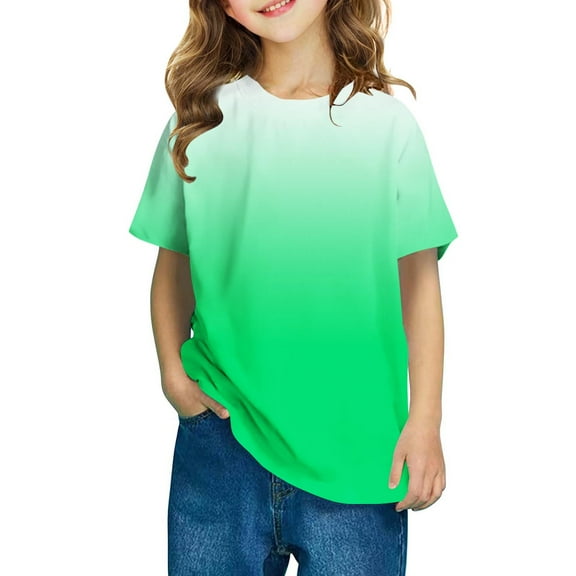 FAHXNVB Girls Crewneck T-Shirts Short Sleeve Summer Gradient Color Cute Basic Breathable Cotton Shirts Fashion Althletic Comfortable Tees Tops 5-15 Years