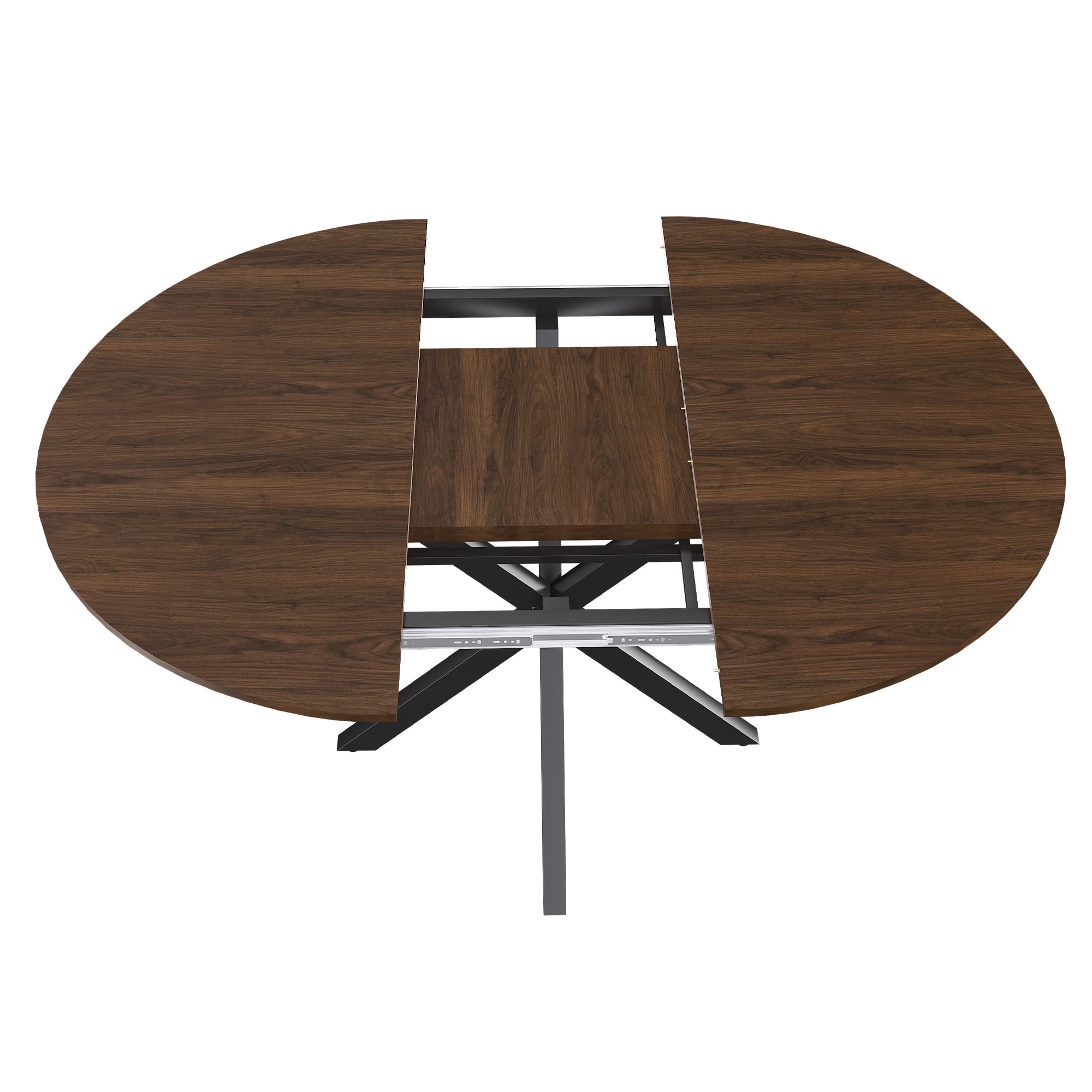 PORKISS 59" Extendable Round Dining Table for 6, Modern Kitchen Table with Carbon Steel Base, Dining Room Table with Thickened Wood Grain Tabletop, Perfect for Small Space, Walnut+Black