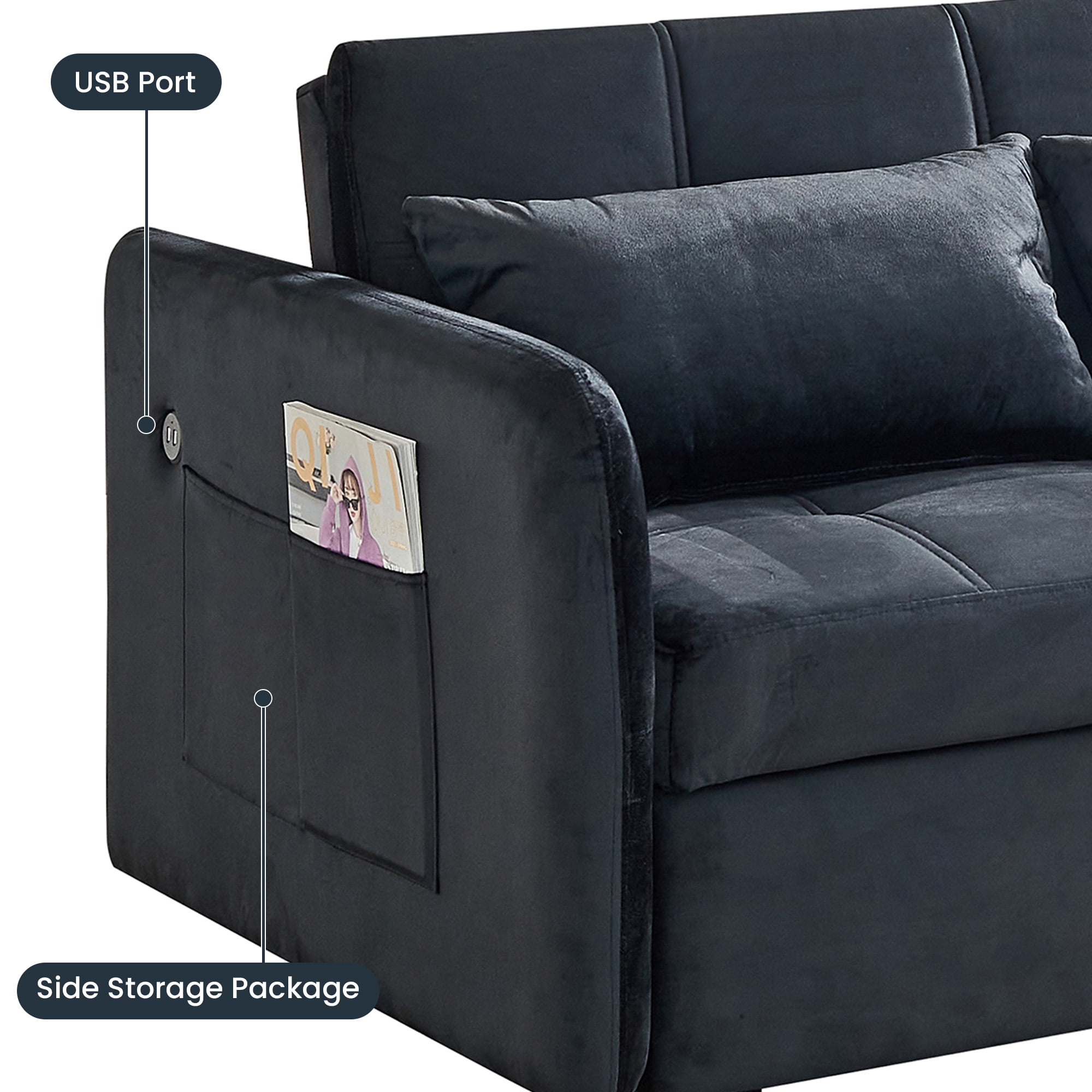 DEALTOPS 55.5" Pull Out  Loveseats Sleeper Sofa Bed with USB Ports and Side Pockets, Black
