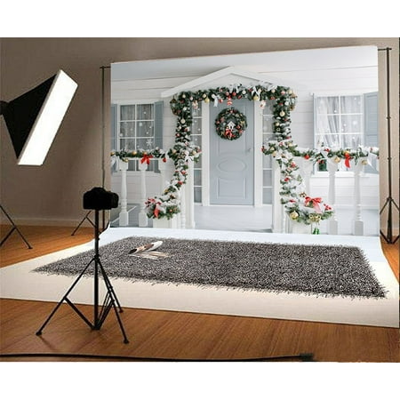 Image of 7x5ft Christmas Backdrop Xmas Garland Photography Background Kid Girl Child Artistic Portrait Front Door Decoration New Year Photo Shoot Studio Props Video Drop