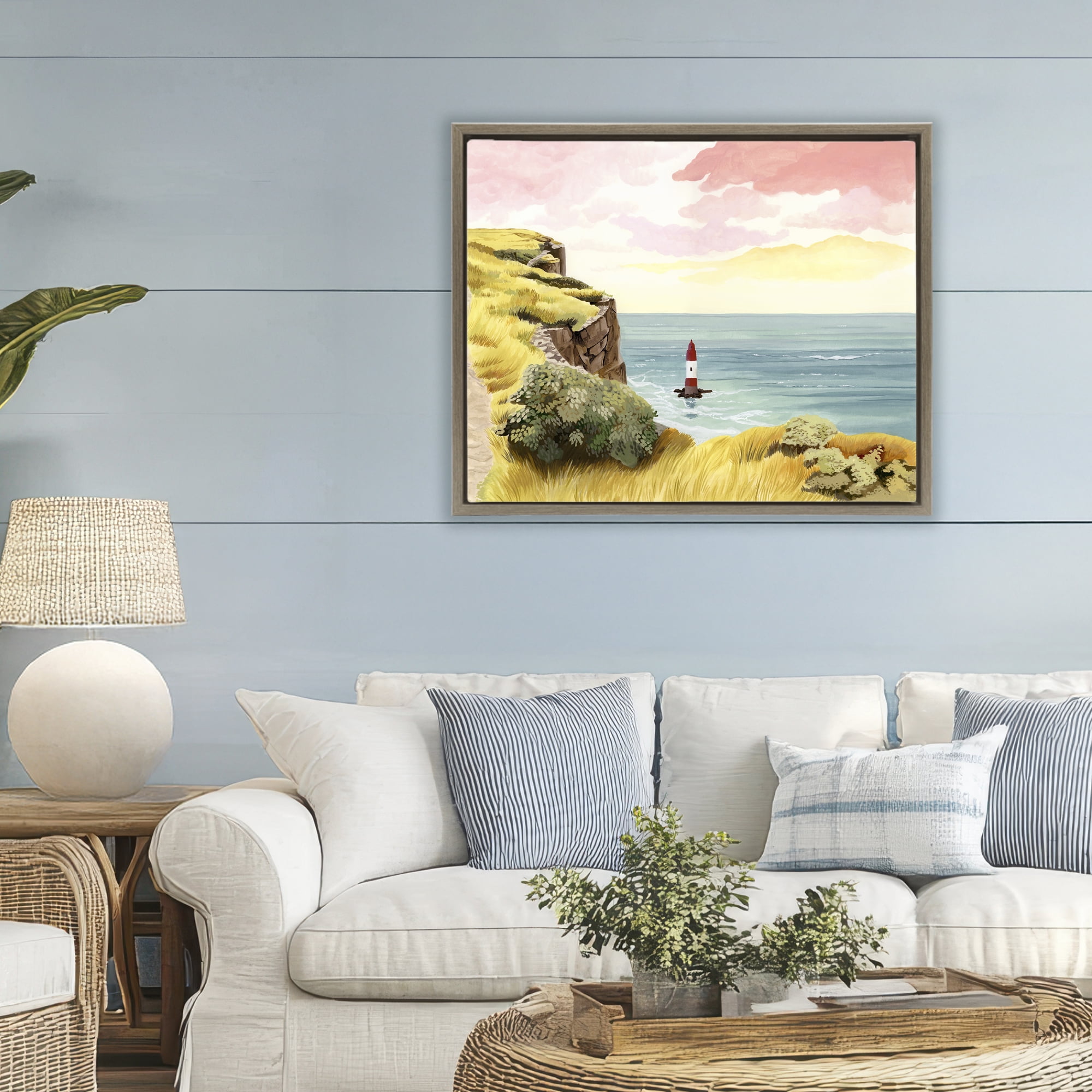 Beachy Head Lone Lighthouse Brown Framed Floater Canvas Wall Art, design by Courtney Haley