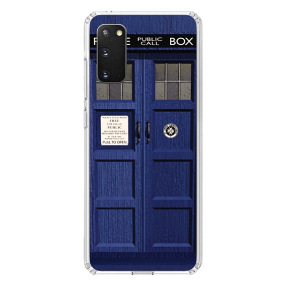 DistinctInk Clear Shockproof Hybrid Case for Galaxy S20 PLUS / 5G (6.7" Screen) - TPU Bumper, Acrylic Back, Tempered Glass Screen Protector - London Police Call Box TARDIS