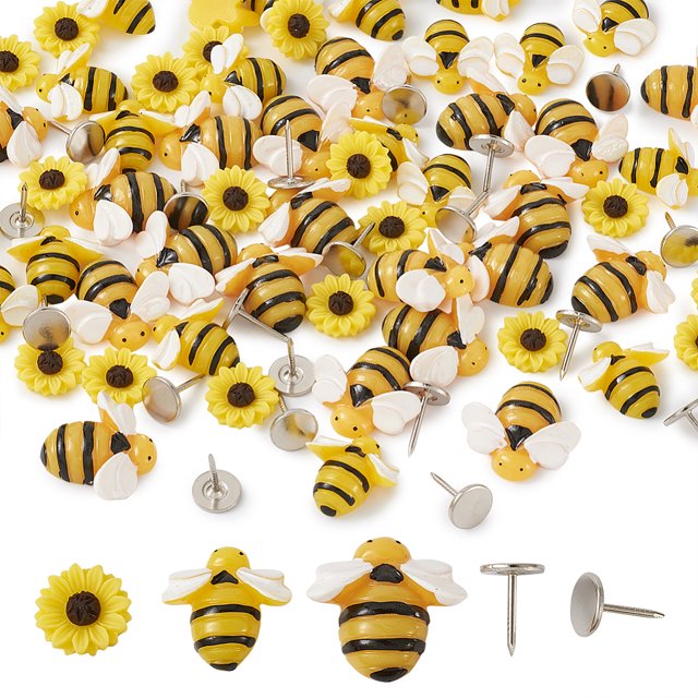 DIY Furniture Decoration Makings with Resin Cabochons and Iron Flat Head Nails Sofa Foam Nails Bee and Flower Yellow