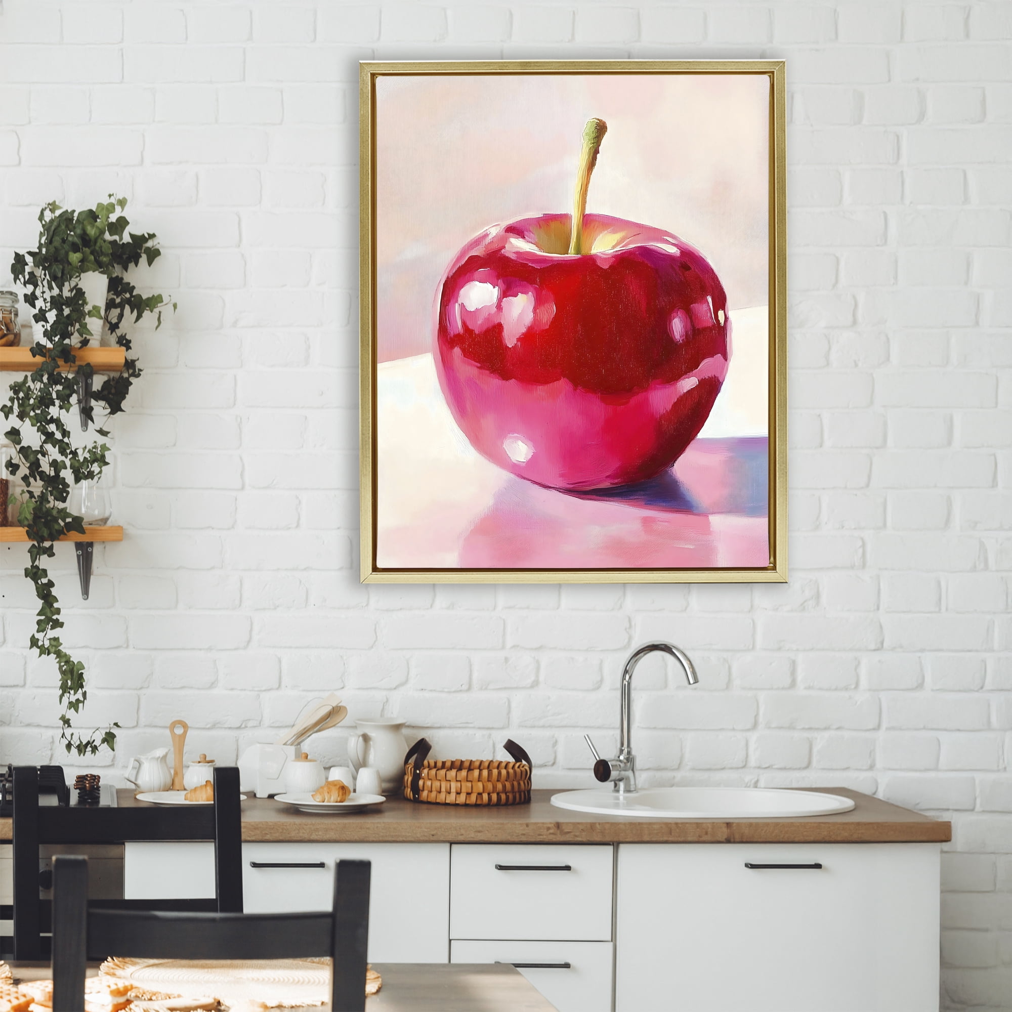 Stupell Industries Shiny Red Apple Reflection Gold Framed Floater Canvas Wall Art, design by The Prints Vibe