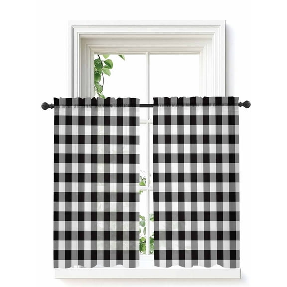 Black and White Checkered Curtains 45 Inch Length, Sheer Curtains for Bedroom Living Room Window Farmhouse Buffalo Plaid Rod Pocket Voile Drapes Kitchen Curtains Small Half Window 52"x45" 2 Panels