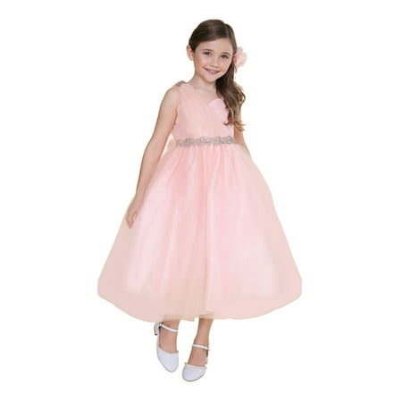 Calla Collection Usa S Blush Pink Tulle One Shoulder Adorned S Blush Pink Tulle One Shoulder Adorned Waist Junior Bridesmaid Dress