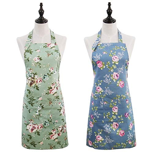 Floral Aprons for Women,2 Pack Kitchen Aprons with Pockets for Cooking Baking,Gardening Apron Gifts for Gardeners,Birthday Thanksgiving Christmas Apron Gift for Wife Mom Sister Daughter Grandma