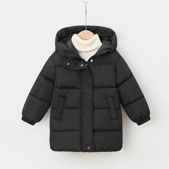 AUNVITO Girls & Boys 2-12Y Winter Thickened Hooded Coat, Long Sleeve Heavy Warm Cotton Jacket Cold Weather Solid Color Casual Outerwear