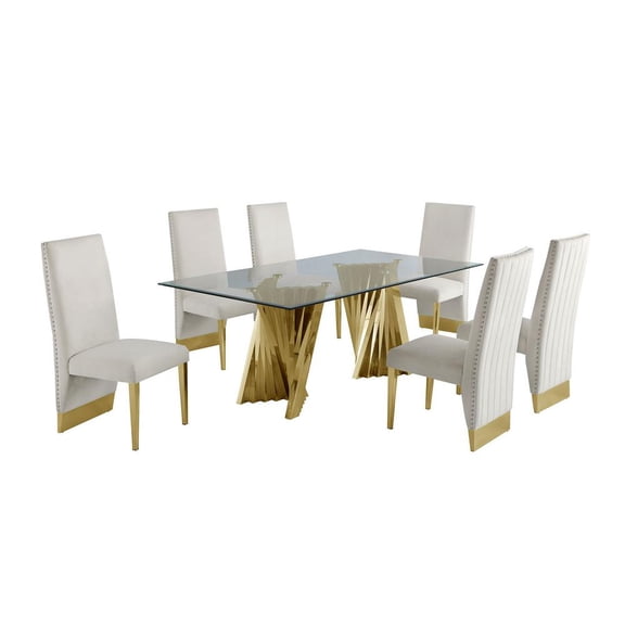 Clear Glass Dining Set with Table and 6 Cream Velvet Chairs