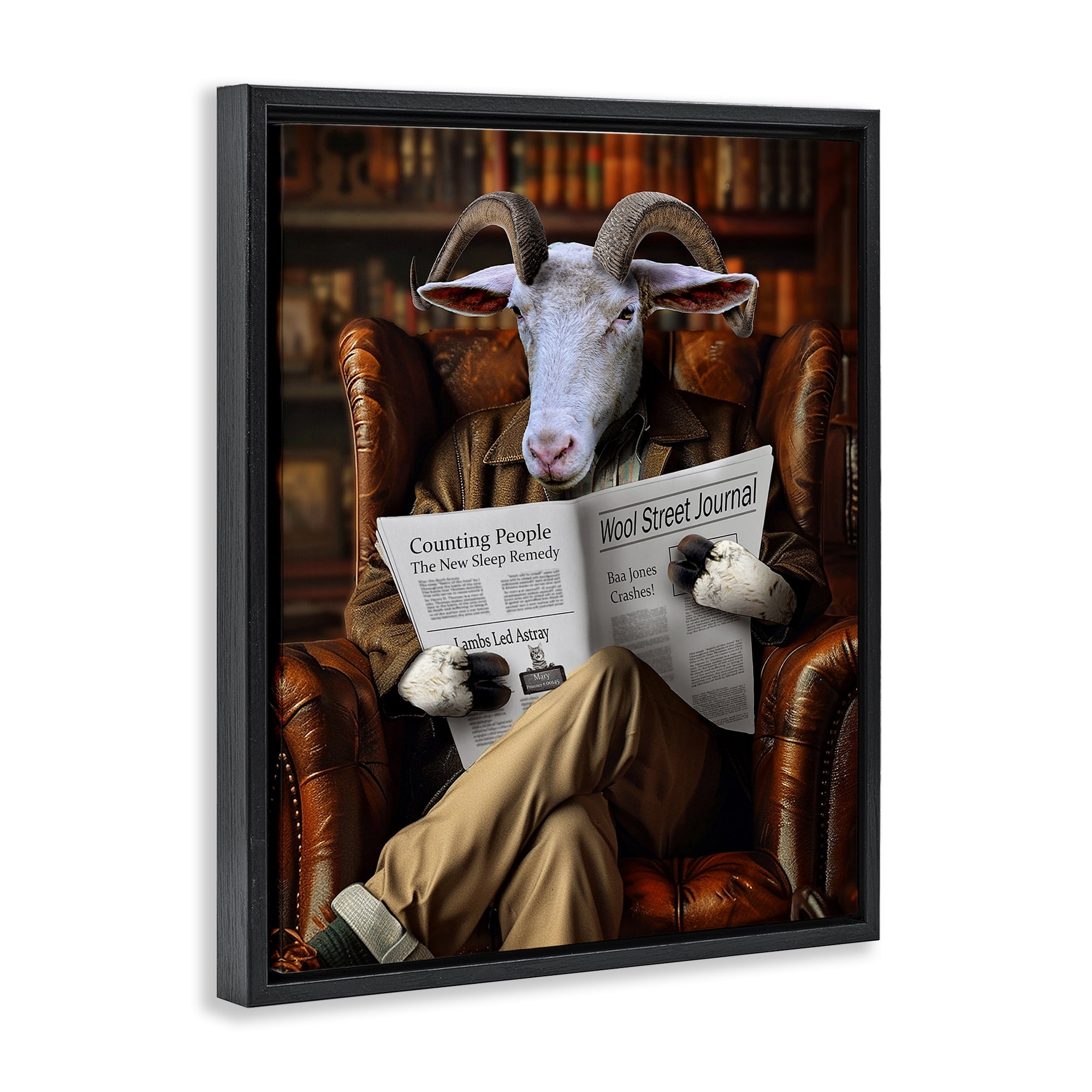 Stupell Industries Goat in Vintage Library Animals & Insects Painting Black Floater Framed Canvas Art Print Wall Art, 17 x 21