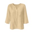 thumbnail image 7 of Hurxie 3/4 Length Sleeve Womens Tops Cotton Linen Shirts V Neck Loose Fit Casual Blouses Early Fall Fashion Clothes Khaki,XXL, 7 of 7