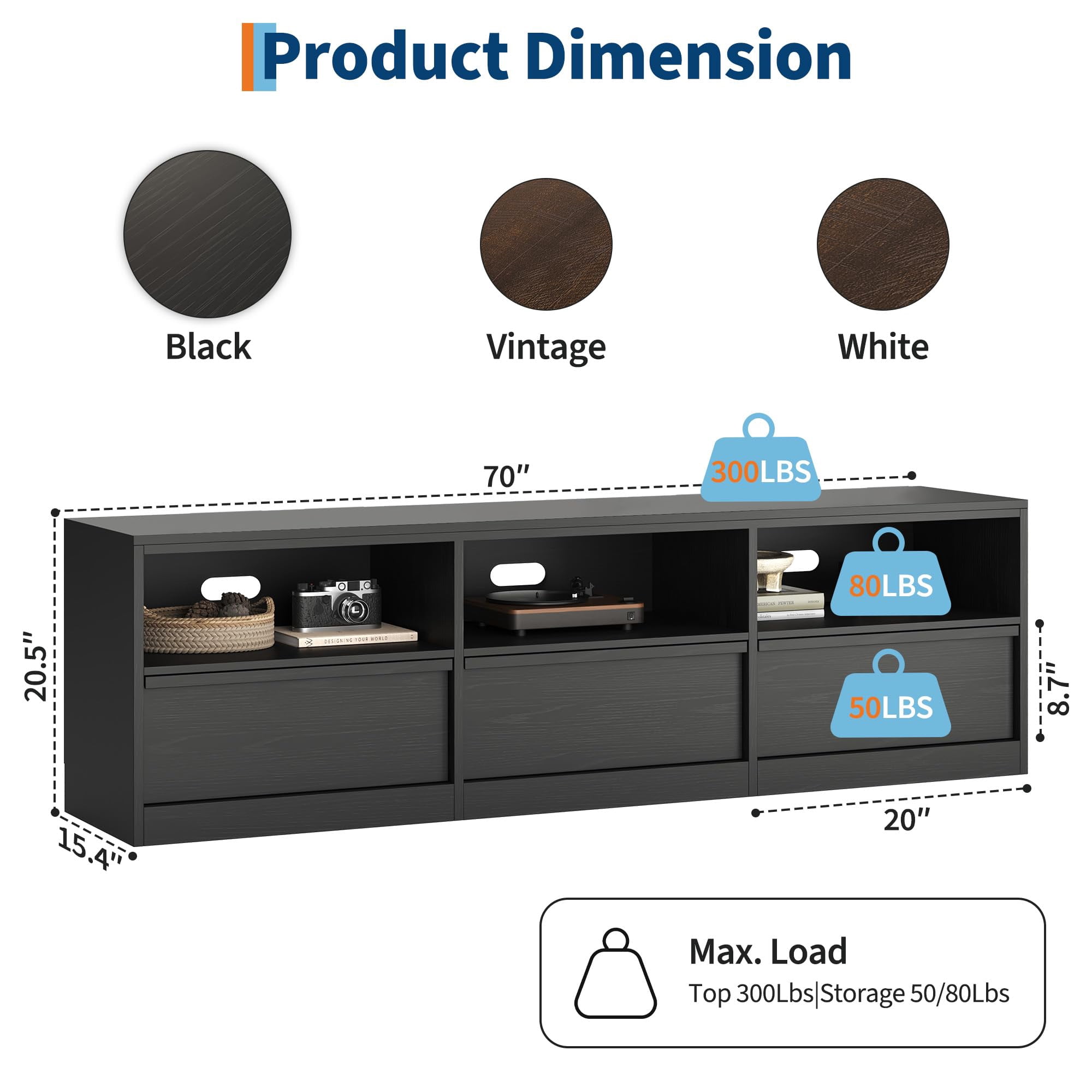 Modern TV Stand with Storage for TVs Up to 85", 70 inch Media Console with Drawer & Open Shelves, Mid Century Entertainment Center for Living Room, Black