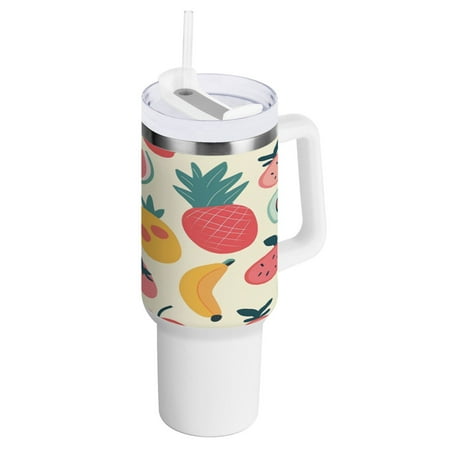 

40 Oz Car Handle Water Bottle 10.8x3.85 Inch Handle And Straw Travel Water Bottle Reusable Stainless Steel Water Bottle Cartoon Fruit
