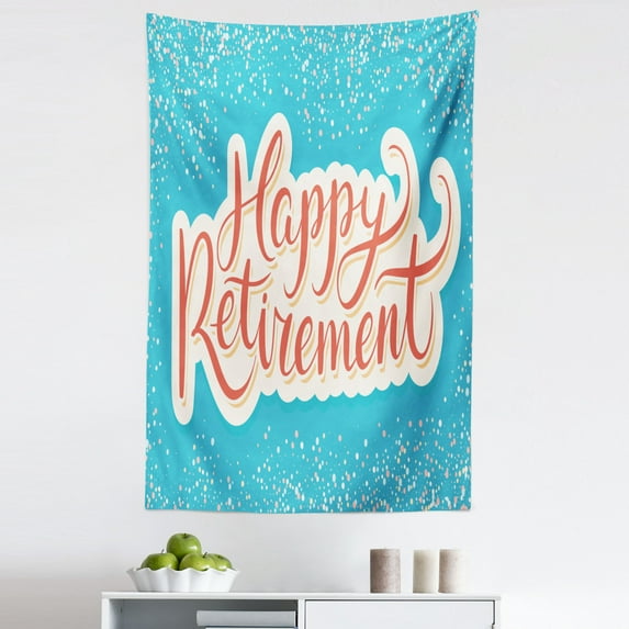 Blue Tapestry, Happy Retirement Banner Design Hand Lettering Congratulatory, Fabric Wall Hanging Decor for Bedroom Living Room Dorm, 5 Sizes, Coral White Sky Blue, by Ambesonne