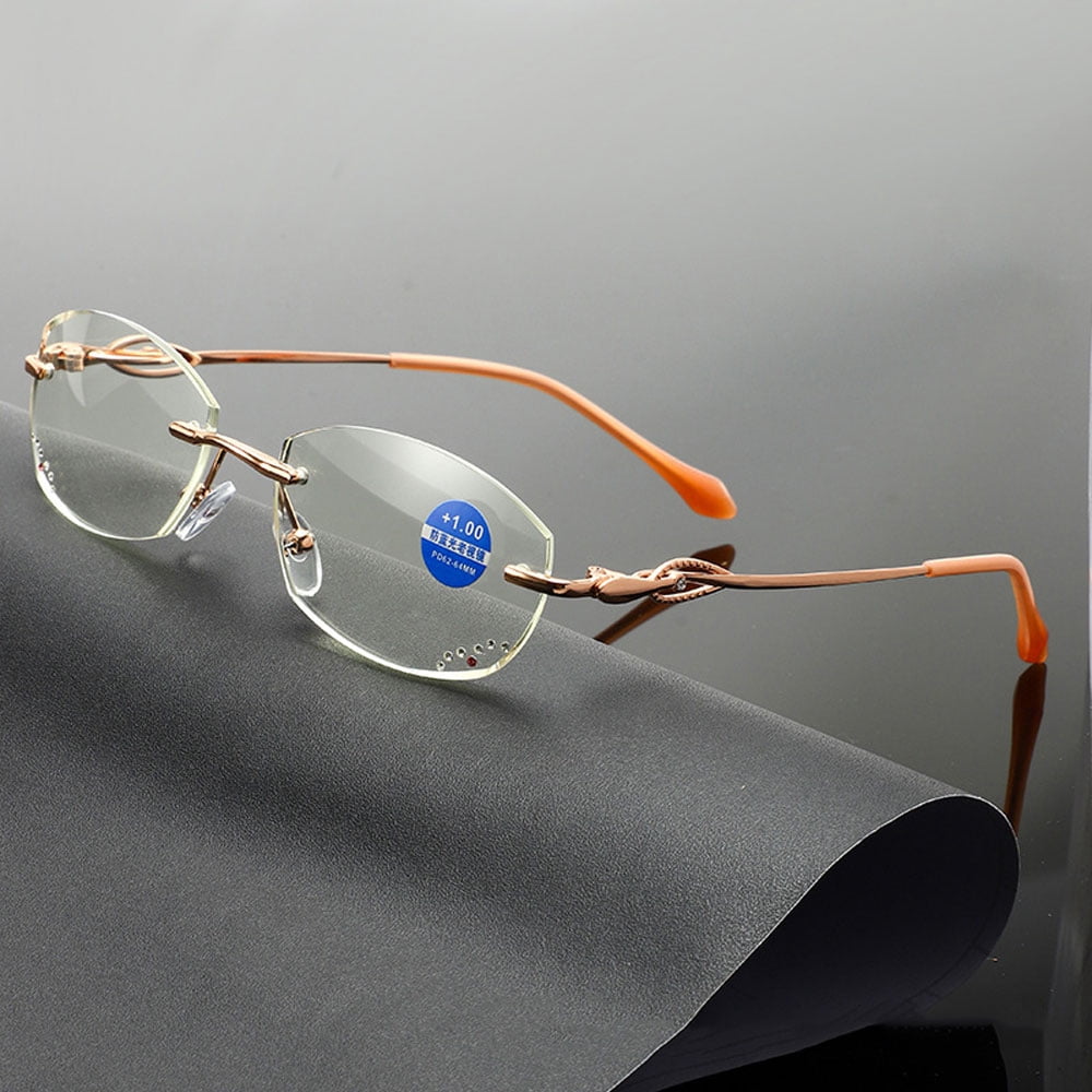 Women Rimless Blue Light Blocking Reading Glasses 3.50, Ladies Rectangle Metal Gold Presbyopia Glasses Readers +3.50 strength